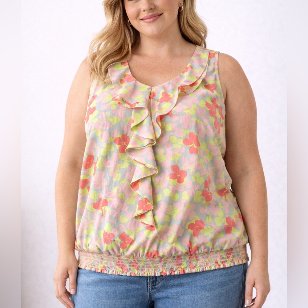 Lane Bryant Sleeveless Floral Ruffle Neck Blouse Size 20 Smocked Hem